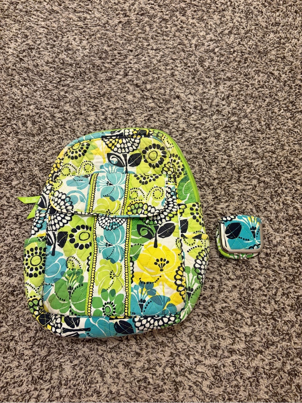 Retired Vera Bradley Quilted Backpack in Lime Green, Teal & Yellow Floral